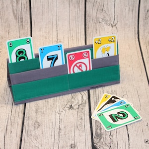 Spielkartenhalter Grau-Grün, Kartenhalter aus Stoff, Senioren oder Menschen mit Handicap, Kartenständer, Sammelkarten, Kartenspiel
