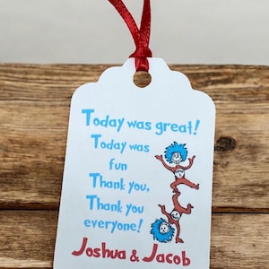 Dr Seuss Tags, thing 1 thing 2 tags, dr seuss Favor Tags 2.5Lx1.8w&quot;, Thank You tags, Favor tags, Twin tags, cat in the hat baby shower tag