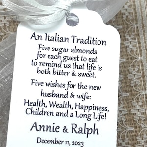 Jordan Almond Favor TAGS, Wedding tags, Five Wishes Poem, Koufeta tags, Greek tags, Bridal Shower Tags, Italian tradition, Bonbonniere tags