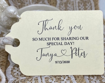 Thank you wedding tags, Personalized Wedding Tags, Wedding Favors, Custom Gift Tags, Wedding Favor Tags, Calligraphy, Heart, bridal shower