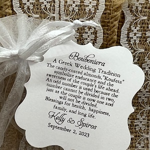 A Greek Wedding Tradition, Koufeta Candy Coated Almond Tags, Greek Jordan Almond Wedding Tags, Personalized Koufeta  Bomboniere tags