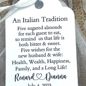 Jordan Almond Favor TAGS, Wedding tags, Five Wishes Poem Koufeta tags Greek tags Bridal Shower Tags, Italian tradition Bonbonniere tags sale
