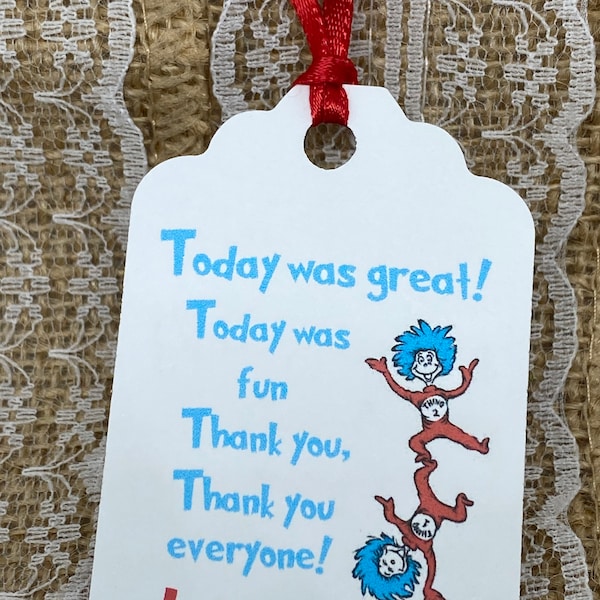 Dr Seuss Tags, thing 1 thing 2 tags, dr seuss Favor Tags 2.5Lx1.8w", Thank You tags, Favor tags, Twin tags, cat in the hat baby shower tag