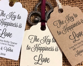 the key to happiness is love favor tags, Bottle Opener Tags, Skeleton Key Favor Tags,  Key Tags, antique key tags, vintage key tags, key to