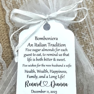 Jordan Almond Favor TAGS, Wedding tags, Five Wishes Poem, Koufeta tags, Greek tags, Bridal Shower Tags, Italian tradition, Bonbonniere tags