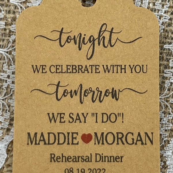 Rehearsal dinner tags Silverware tag tonight we celebrate with you tomorrow we say I Do Favor tags cutlery tags rehearsal tags #freeshipping