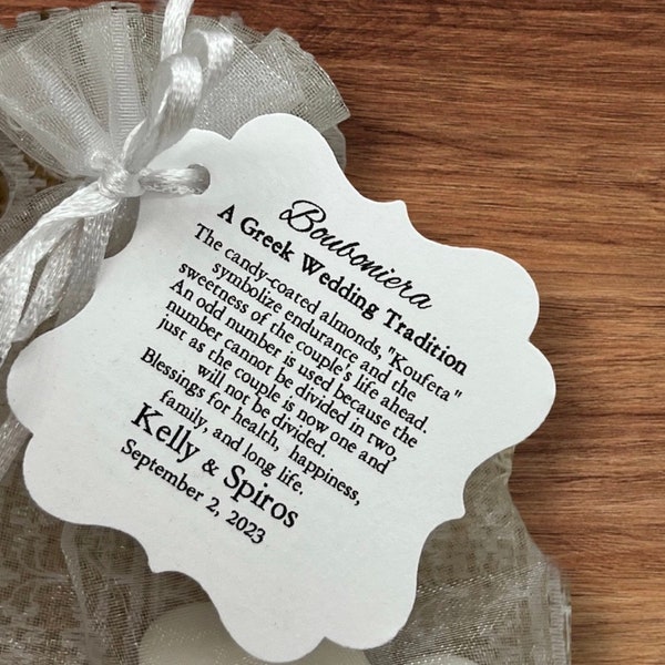 A Greek Wedding Tradition, Koufeta Candy Coated Almond Tags, Greek Jordan Almond Wedding Tags, Koufeta tags, Bomboniere tags #freeshipping