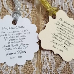 Jordan Almond Favor TAGS, Wedding tags, Thank You tags, koufeta tags, Gift tags, italian tradition, bomboniere tags, Five Wishes Poem