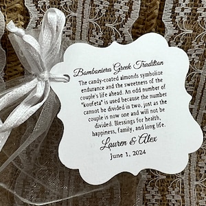 A Greek Wedding Tradition, Koufeta Candy Coated Almond Tags, Greek Jordan Almond Wedding Tags, Personalized Koufeta  Bomboniere tags