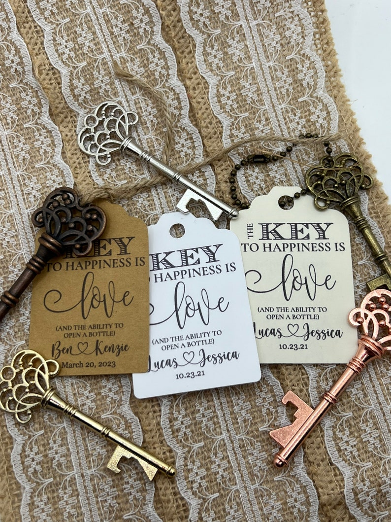 Wedding Favors, Key Bottle Openers AND Tags, Skeleton Key Favors, Key to Happiness Tags, Wedding Key Tag, Bottle Opener Tags, Key Tags, key image 3