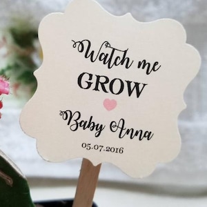 May include: A cream-colored sign on a wooden stick, with the text "Watch me GROW Baby Anna 05.07.2016" in black script. A small pink heart is between "GROW" and "Baby". A pink and green cactus is in the background.