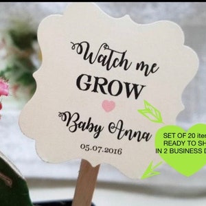 May include: A cream-colored sign on a wooden stick with the text "Watch me GROW Baby Anna 05.07.2016". The sign has a pink heart and is shaped like a decorative tag. The sign is in front of a pink cactus.