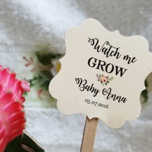 May include: White card with the text "Watch me GROW Baby Anna 05.07.2016" with a small floral design. The card is attached to a wooden stick.