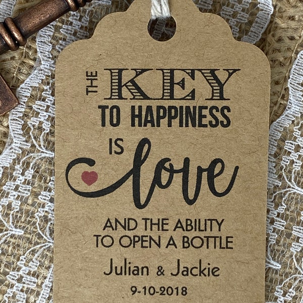 the key to happiness is love favor tags, Bottle Opener Tags, Skeleton Key Favor Tags,  Key Tags, antique key tags, vintage key tags, key to