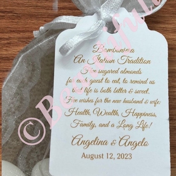 Jordan Almond Favor TAGS, Wedding tags, Thank You tags, koufeta tags, Gift tags, Shower Favor Tags, italian tradition, bomboniere tags, gold