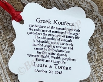 May include: A white card with a decorative border and the text "Greek Koufeta" in black. The text explains the meaning of the almonds, which are a traditional Greek wedding favor. The card also includes the names "Laura & Tomas" and the date "October 20, 2018".