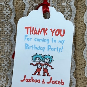 thing 1 thing 2 tags, dr seuss Favor Tags 2.5Lx1.8w&quot;, Thank You tags, Twin tags, Gift tags, cat in the hat baby shower tag, dr seuss tags