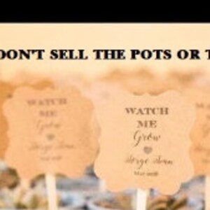 May include: A collection of small potted succulents with decorative signs. The signs are light brown with a scalloped edge and feature the text "Watch Me Grow" and a heart symbol. The text "I don't sell the pots or the succulents" is at the top.