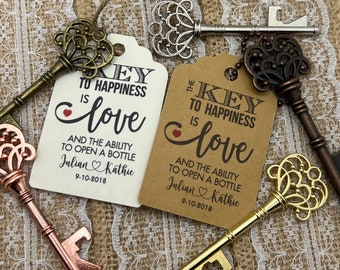 Key Bottle Openers AND Tags, Wedding Favors, Skeleton Key Favors, Key to Happiness Tags, Wedding Key Tag, Bottle Opener Tags, Key Tags, key