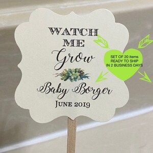 May include: A cream-colored, scalloped-edge sign on a wooden stick with the text "WATCH ME Grow Baby Borger JUNE 2019". The sign has a floral illustration and is likely a baby shower decoration.