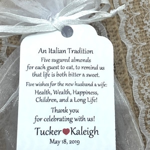 Jordan Almond Favor TAGS, Wedding tags, Five Wishes Poem, Koufeta tags, Greek tags, Bridal Shower Tags, Italian tradition, Bonbonniere tags