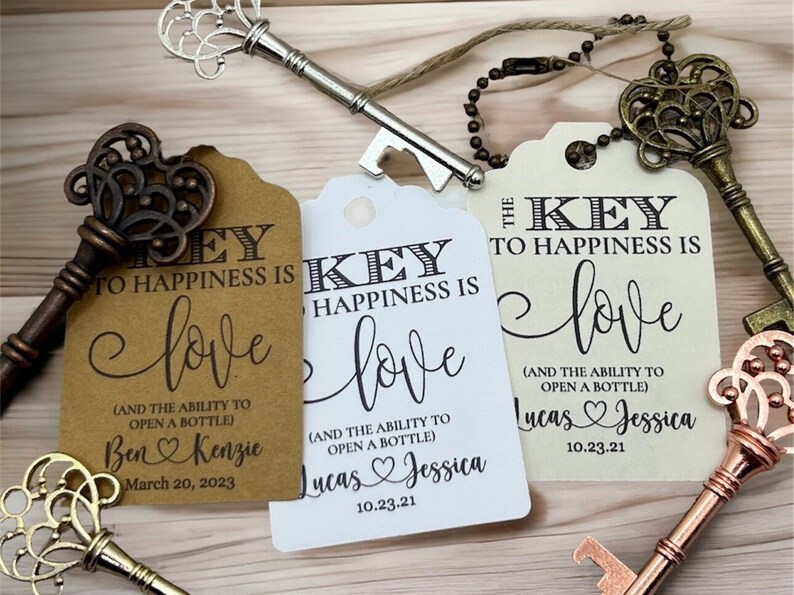 Wedding Favors, Key Bottle Openers AND Tags, Skeleton Key Favors, Key to Happiness Tags, Wedding Key Tag, Bottle Opener Tags, Key Tags, key image 2