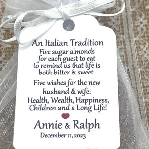 Jordan Almond Favor TAGS, Wedding tags, Five Wishes Poem, Koufeta tags, Greek tags, Bridal Shower Tags, Italian tradition, Bonbonniere tags