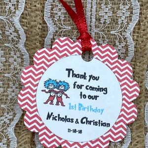 Dr Seuss Tags, thing 1 thing 2 tags, dr seuss Favor Tags 2.5Lx1.8w&quot;, Thank You tags, Favor tags, Twin tags, cat in the hat baby shower tag