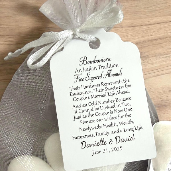 Jordan Almond Favor Tags| wedding gifts for guest | italian tradition| Bomboniera
