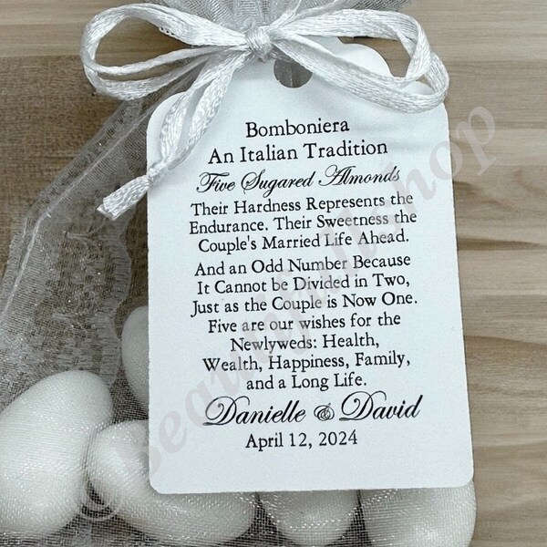 Jordan Almond Favor Tags | Wedding Bomboniere | Greek Wedding | Koufeta Tags | Five Wishes Wedding Poem Tags | Bridal Shower Favor Tags