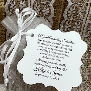 A Greek Wedding Tradition, Koufeta Candy Coated Almond Tags, Greek Jordan Almond Wedding Tags, Personalized Koufeta  Bomboniere tags