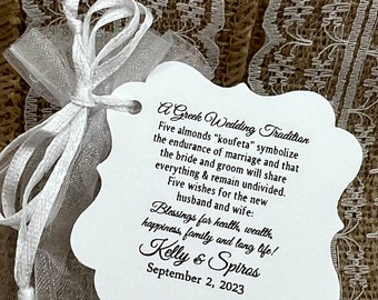 A Greek Wedding Tradition, Koufeta Candy Coated Almond Tags, Greek Jordan Almond Wedding Tags, Personalized Koufeta  Bomboniere tags