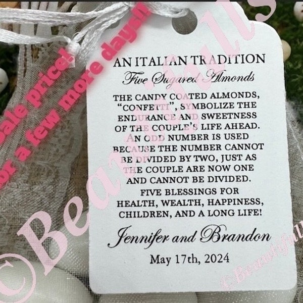 Jordan Almond Favor Tags | Wedding Bomboniere | Greek Wedding | Koufeta Tags | Five Wishes Wedding Poem Tags | Bridal Shower Favor Tags