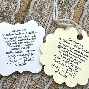 Jordan Almond Favor TAGS, Wedding tags, Koufeta tags, greenery tags, Shower Tags, Italian tradition, bonbonniere tags, greenery, Five Wishes