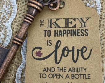 Key Bottle Openers AND Tags, Wedding Favors, Skeleton Key Favors, Key to Happiness Tags, FALL Wedding Key Tag, Bottle Opener Tags, Key Tags