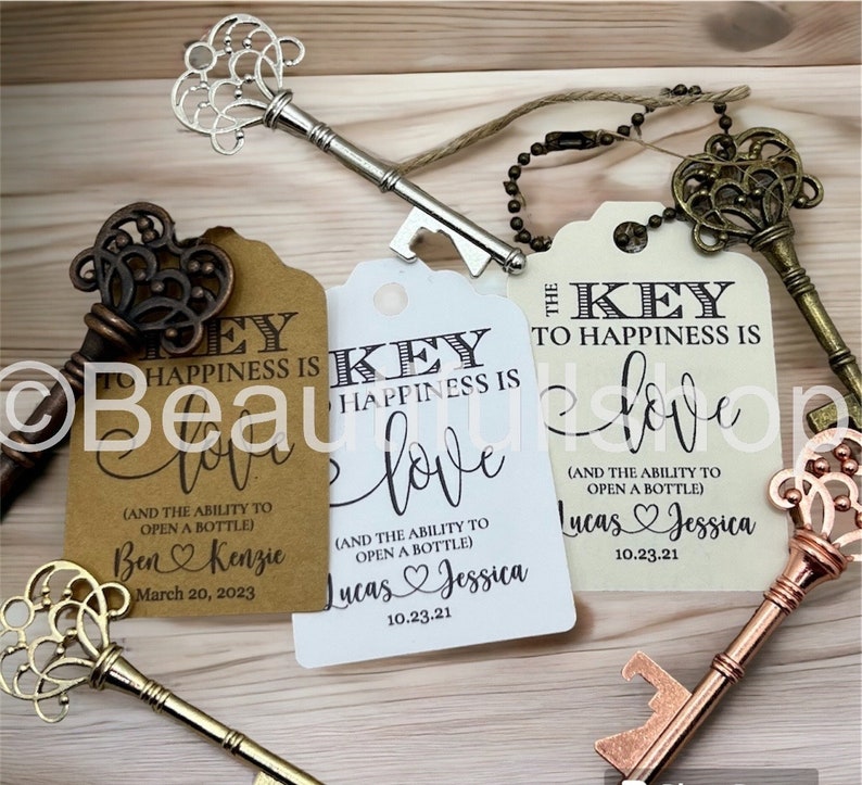 Wedding Favors, Key Bottle Openers AND Tags, Skeleton Key Favors, Key to Happiness Tags, Wedding Key Tag, Bottle Opener Tags, Key Tags, key image 1