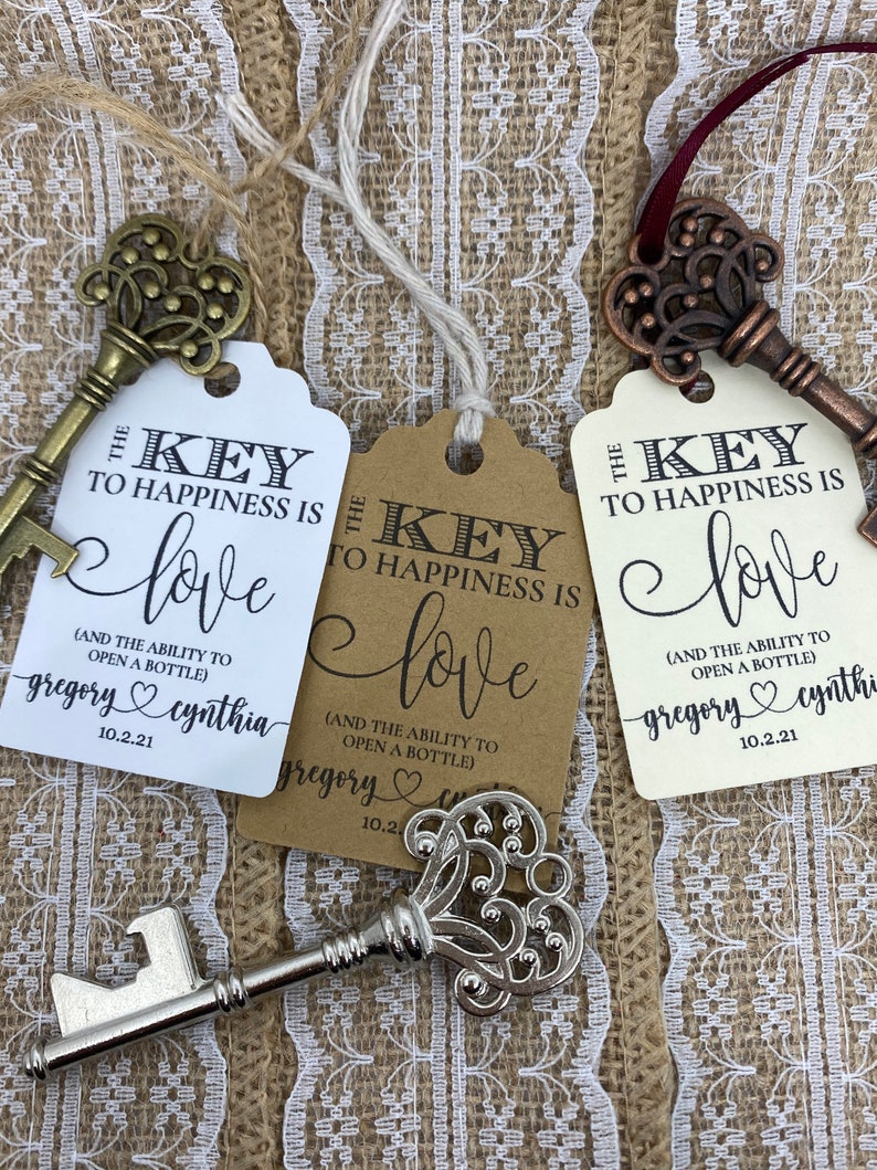 Wedding Favors, Key Bottle Openers AND Tags, Skeleton Key Favors, Key to Happiness Tags, Wedding Key Tag, Bottle Opener Tags, Key Tags, key image 4