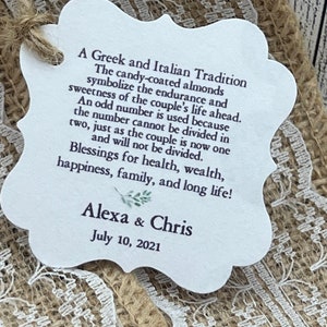 Greek and Italian tradition Favor Tags, Wedding tags, Thanks tag, Bonbonnieres, Gift tags, Koufeta tags, Jordan Almond Favor TAGS, Greenery