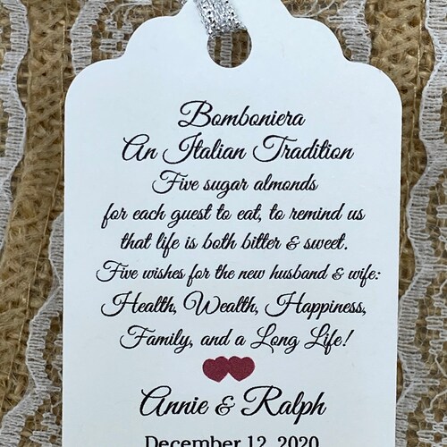 An Italian Tradition Wedding Favor Tags Jordan Almonds Etsy