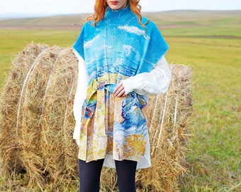 Fine Art Collection blue Van Gogh harvest irregular knitting top