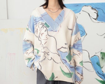 Fine Art Collection ivory sketch portrait blue green loosing fit V collar sweater