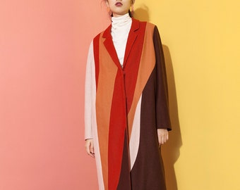 Fine Art Collection warm color combination red orange beige long stripe winter coat