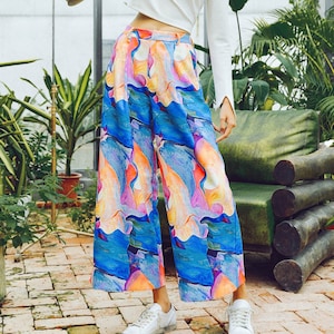 Fine Art Collection blue base water color fusion floral art painting pants