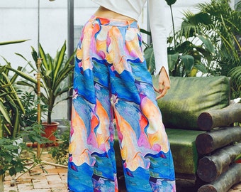 Fine Art Collection blue base water color fusion floral art painting pants