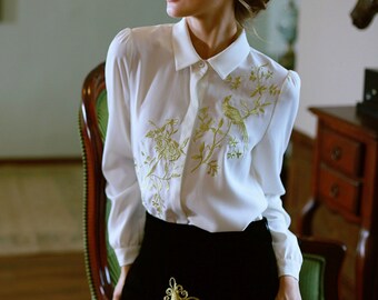 Fine Art Collection white golden embroidery bird and tree long sleeve shirt