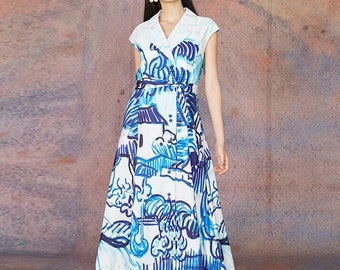 Fine Art Collection blue oil painting art wave long dress