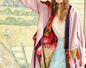 Fine Art Collection two sides to wear pink/red floral Van Gogh oil painting inspired kimono outwear