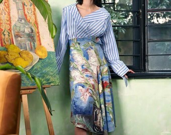 Fine Art collection Van Gogh oil painting blossom blue floral skirt/blue stripe irregular shirt