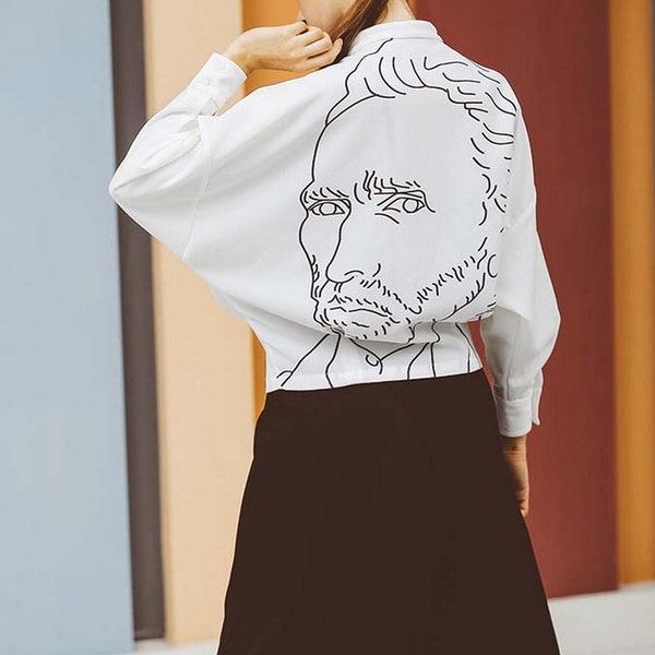 Fine Art Collection black and white Van Gogh self portrait back print designed shirt