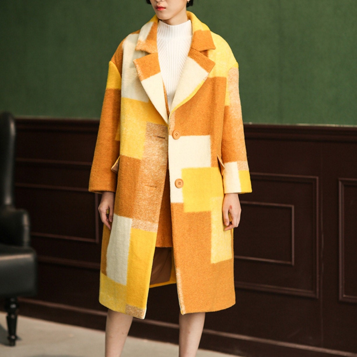 La chic Parisienne green yellow designed woolen coat | Etsy